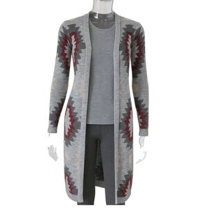 Charlotte Russe Aztec‎ Longline Cardigan Sweater Gray Burgundy Geometric Print